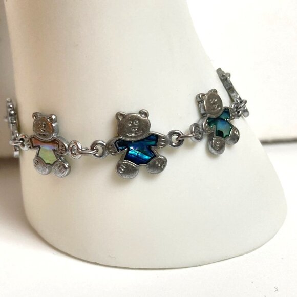 Teddy Bear Bracelet Silver Tone Linked Bears Blue Pink Green Enamel - Picture 9 of 9
